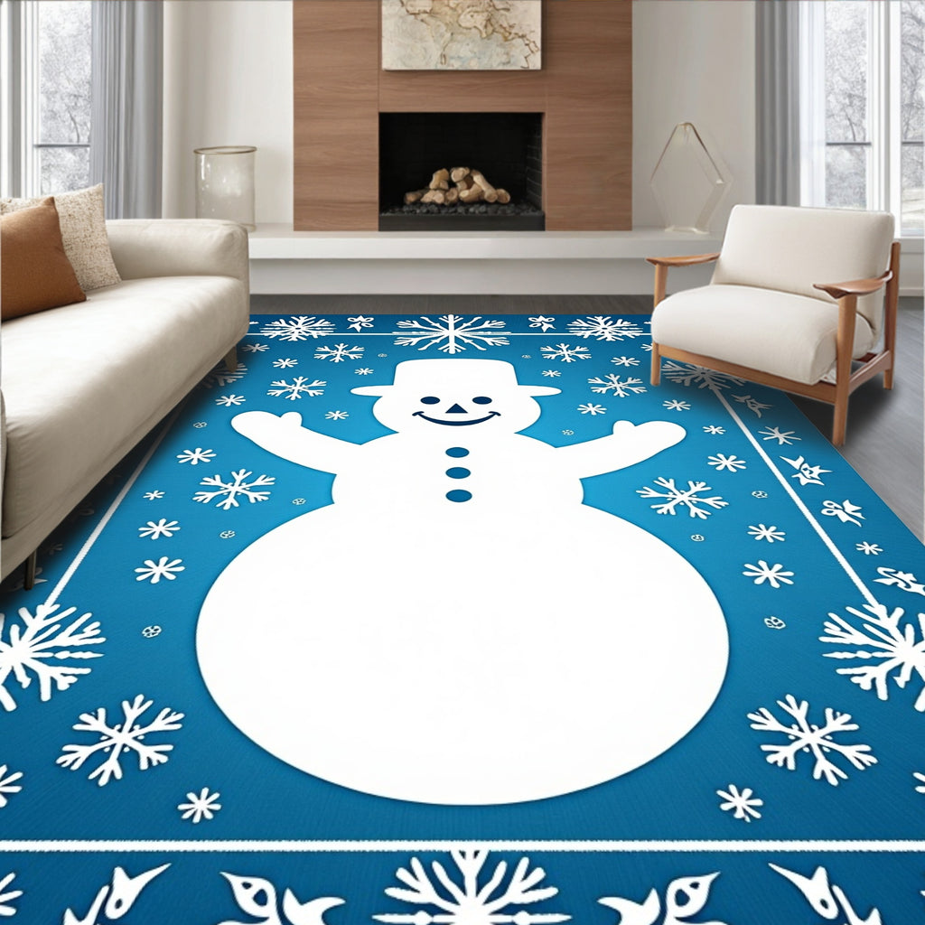 Whimsical White Snowman Blue Snowflake Rug