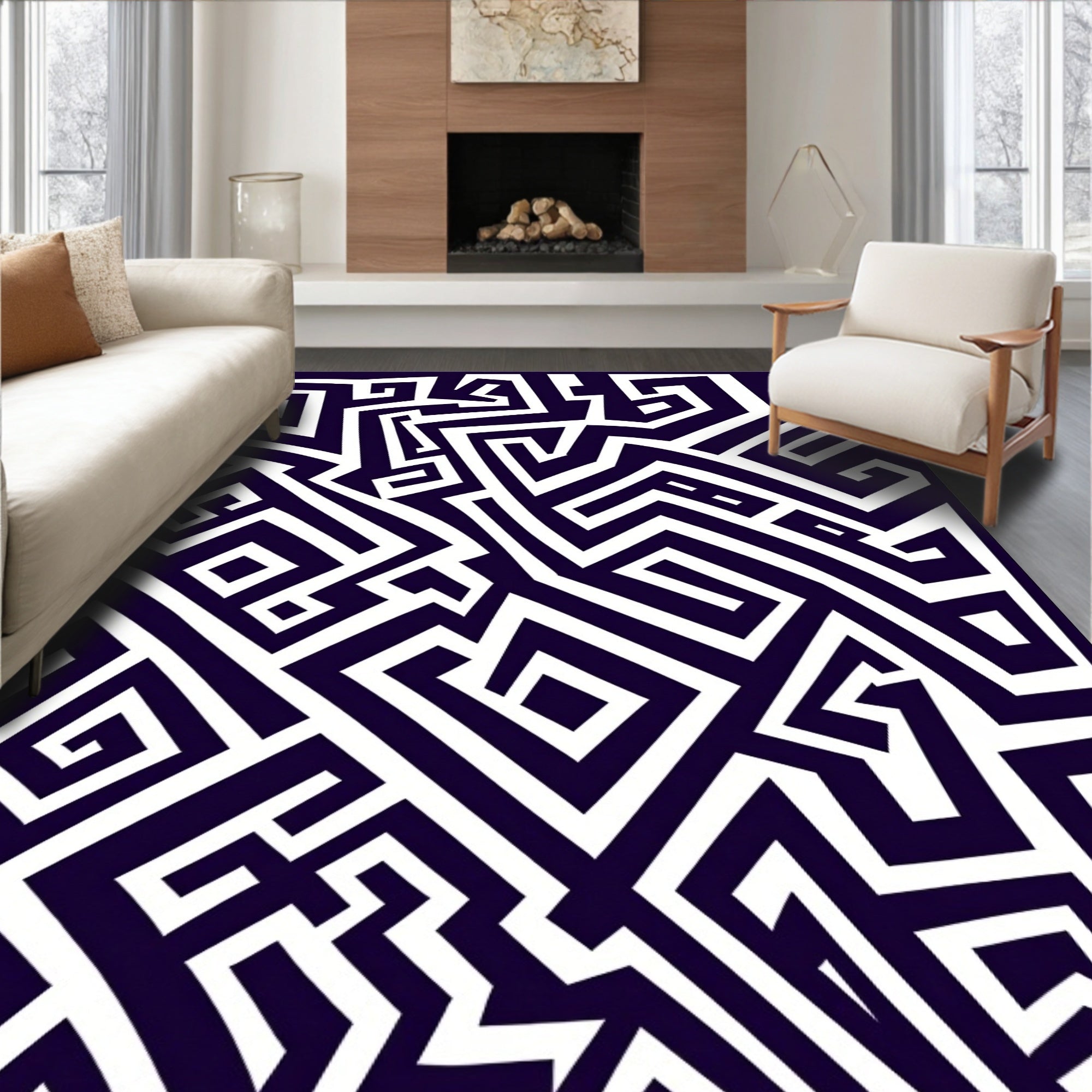 Modern Navy Geometric Maze Lines Rug