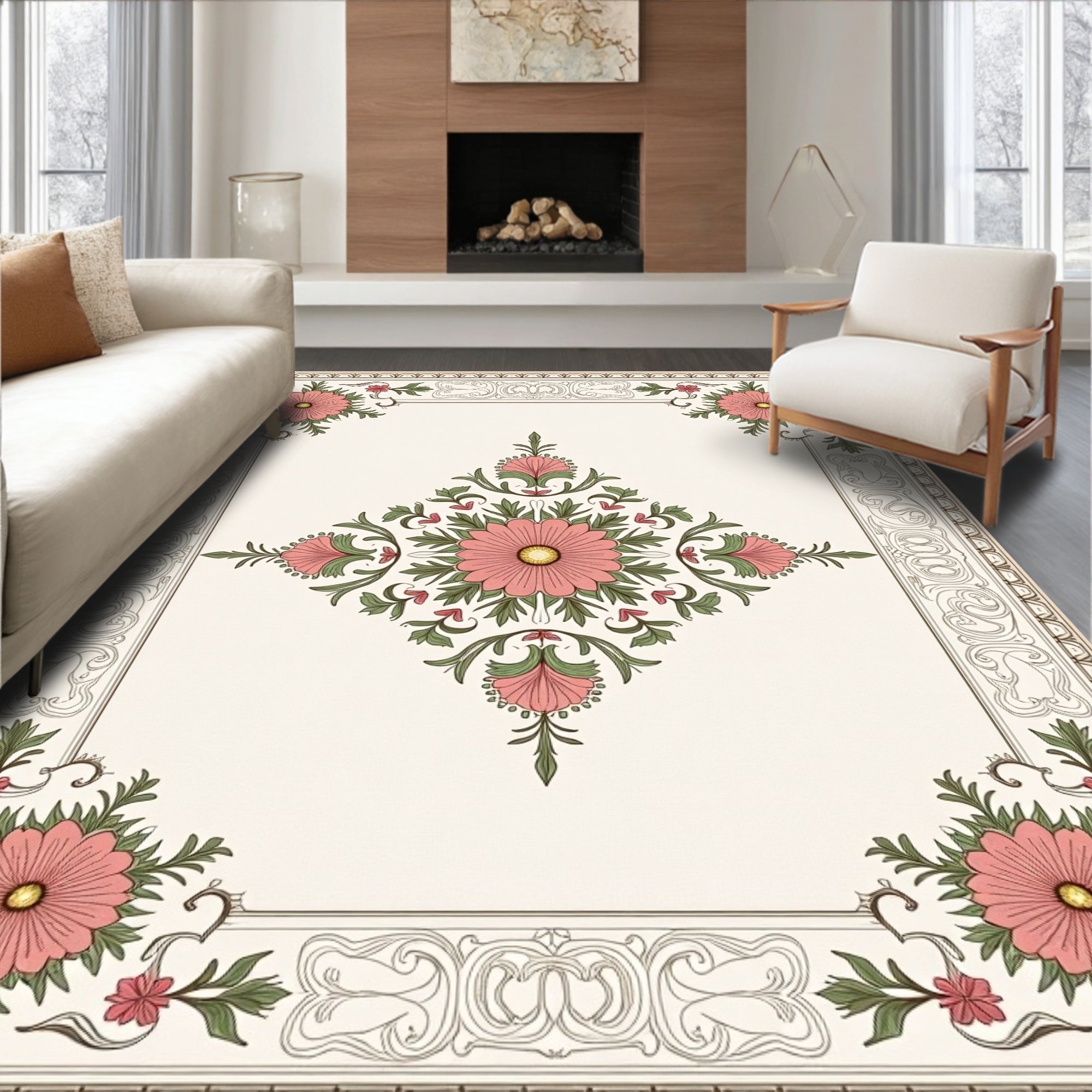 Pink Floral Border Scrolls Rug