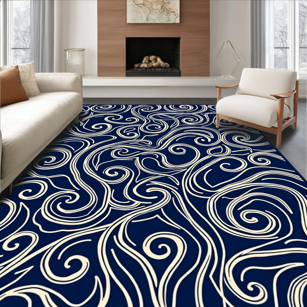 Navy Cream Swirling Abstract Lines Rug