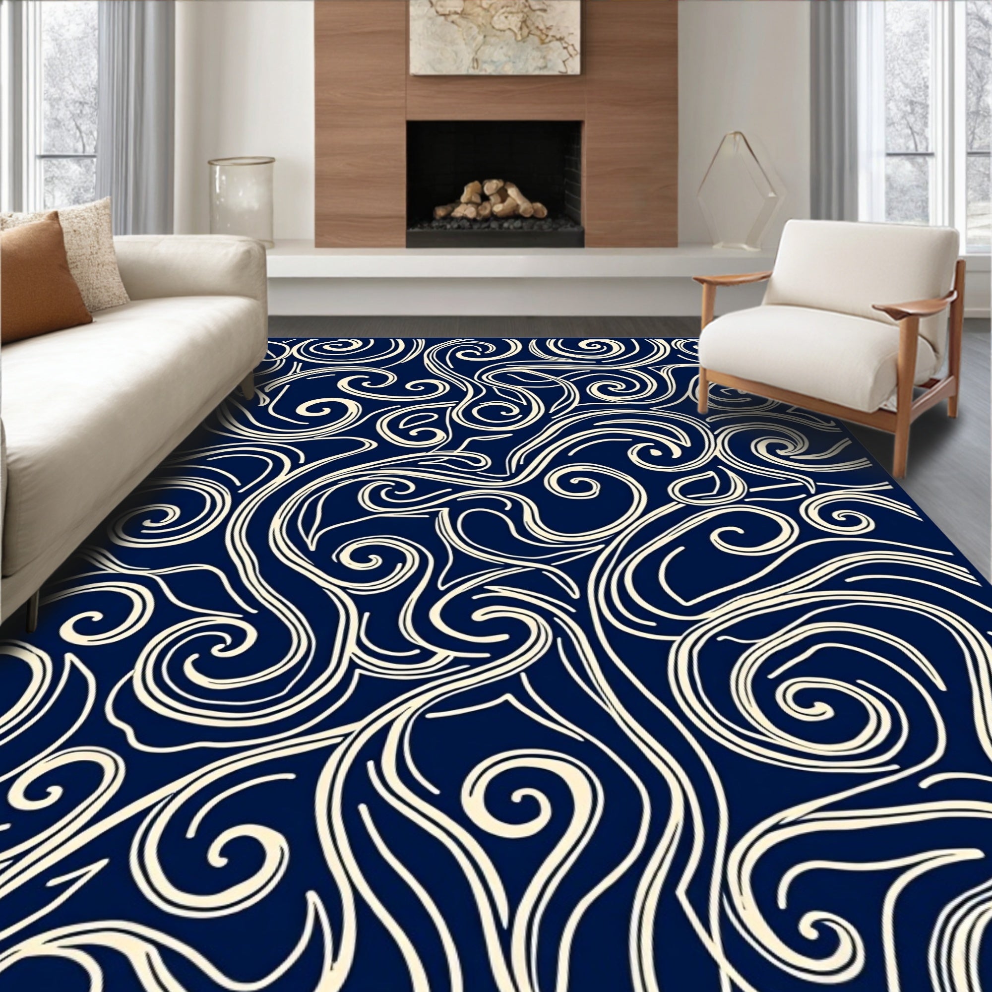 Navy Cream Swirling Abstract Lines Rug