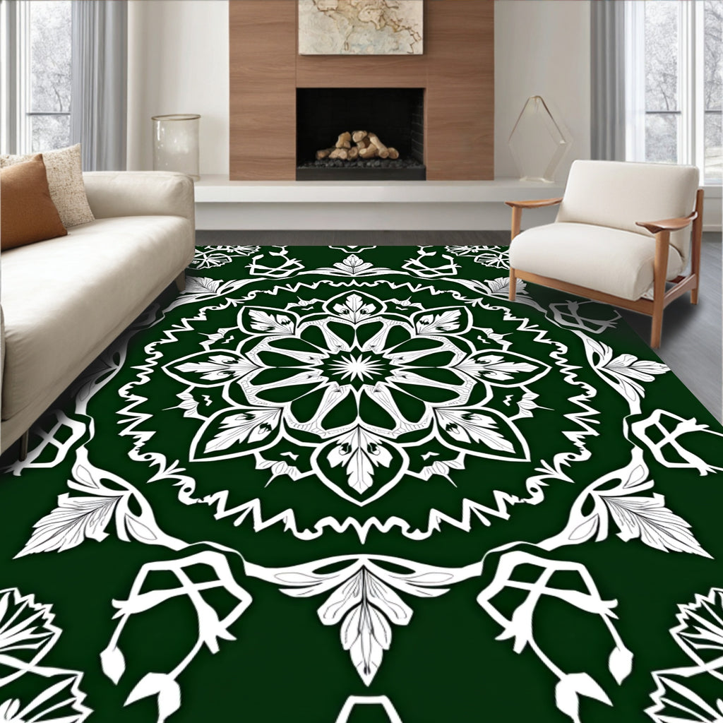 Deep Emerald White Mandala Medallion Rug