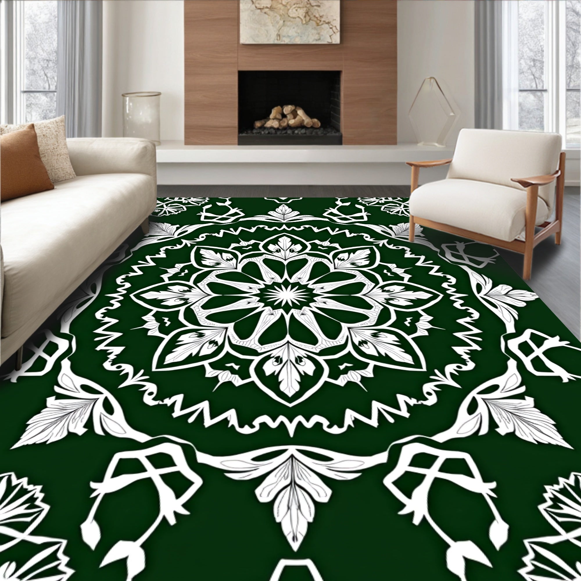 Deep Emerald White Mandala Medallion Rug