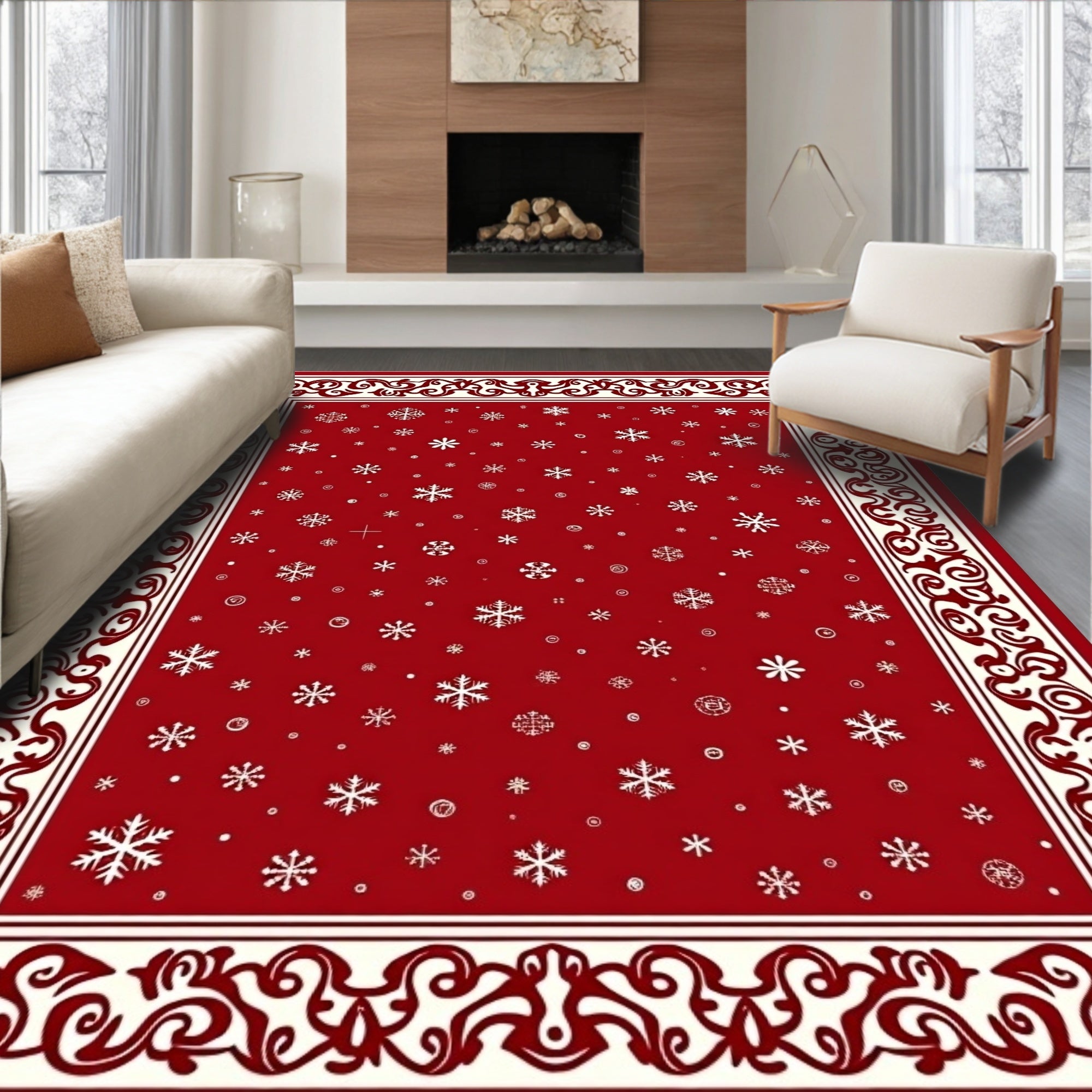 Crimson Snowflake Border Rug