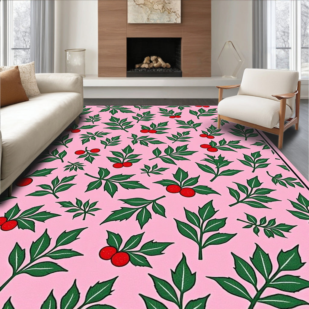 Pink Green Berry Leaf Scatter Rug