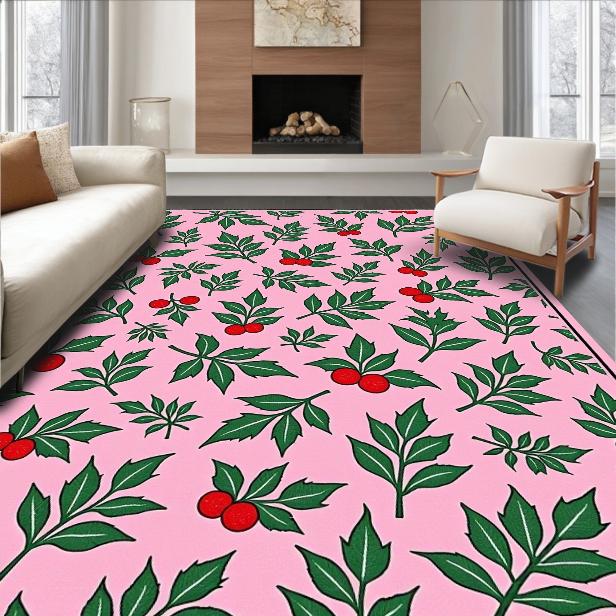 Pink Green Berry Leaf Scatter Rug