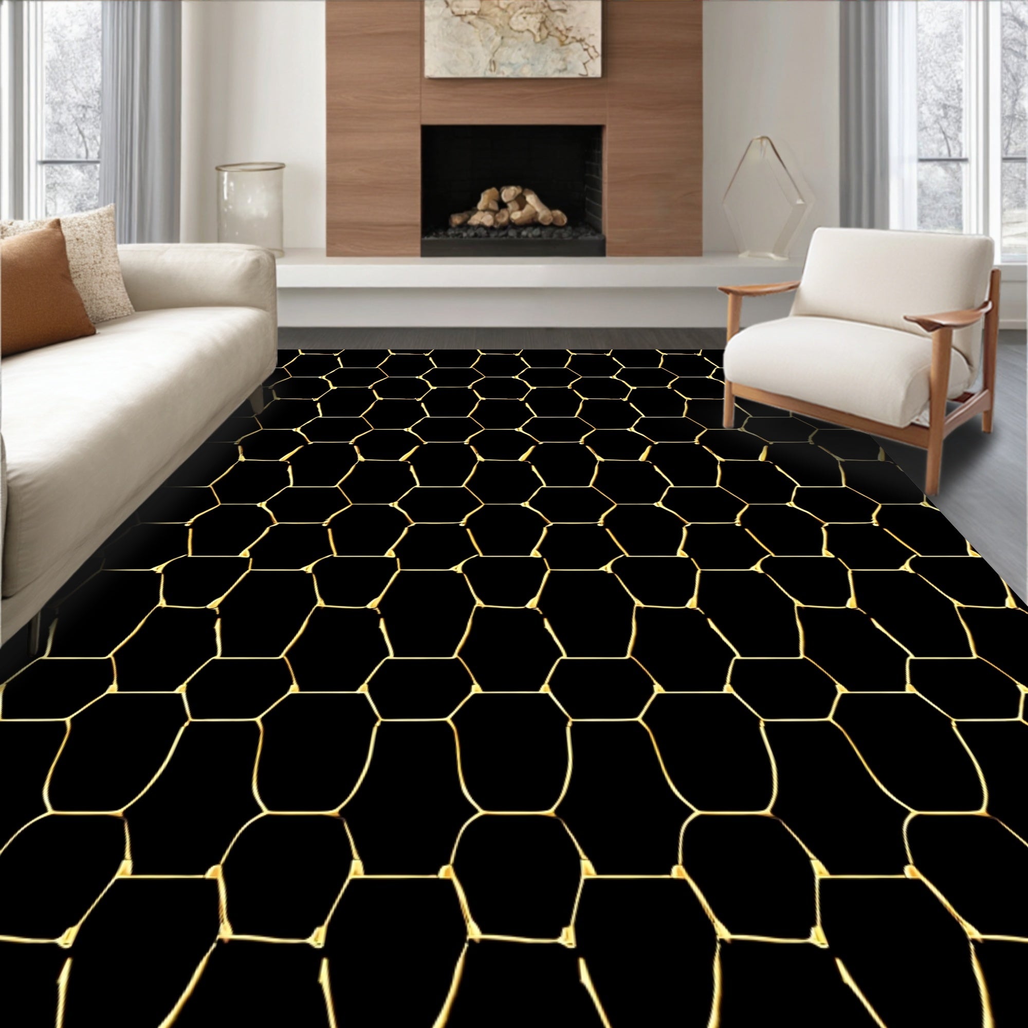 Modern Gold Hexagon Grid Rug