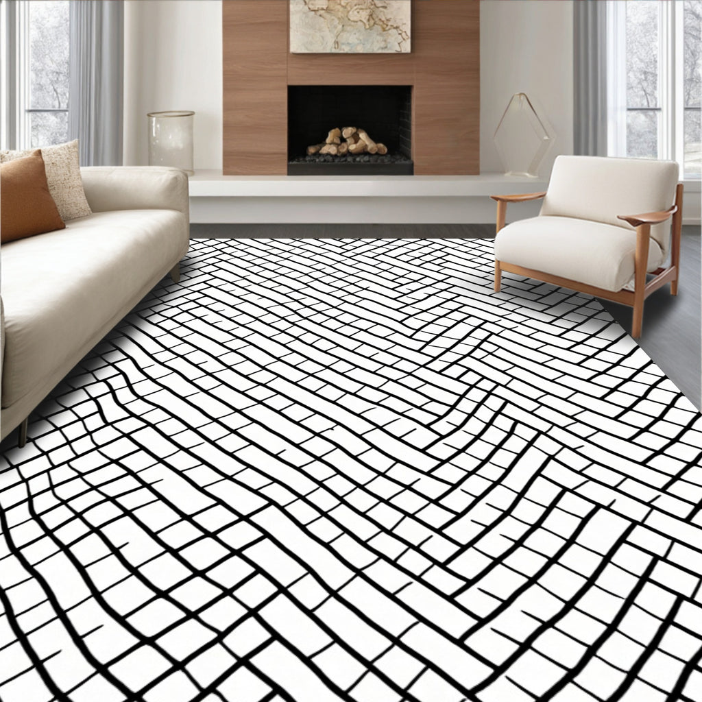 Wavy Black Herringbone Geometric Weave Rug