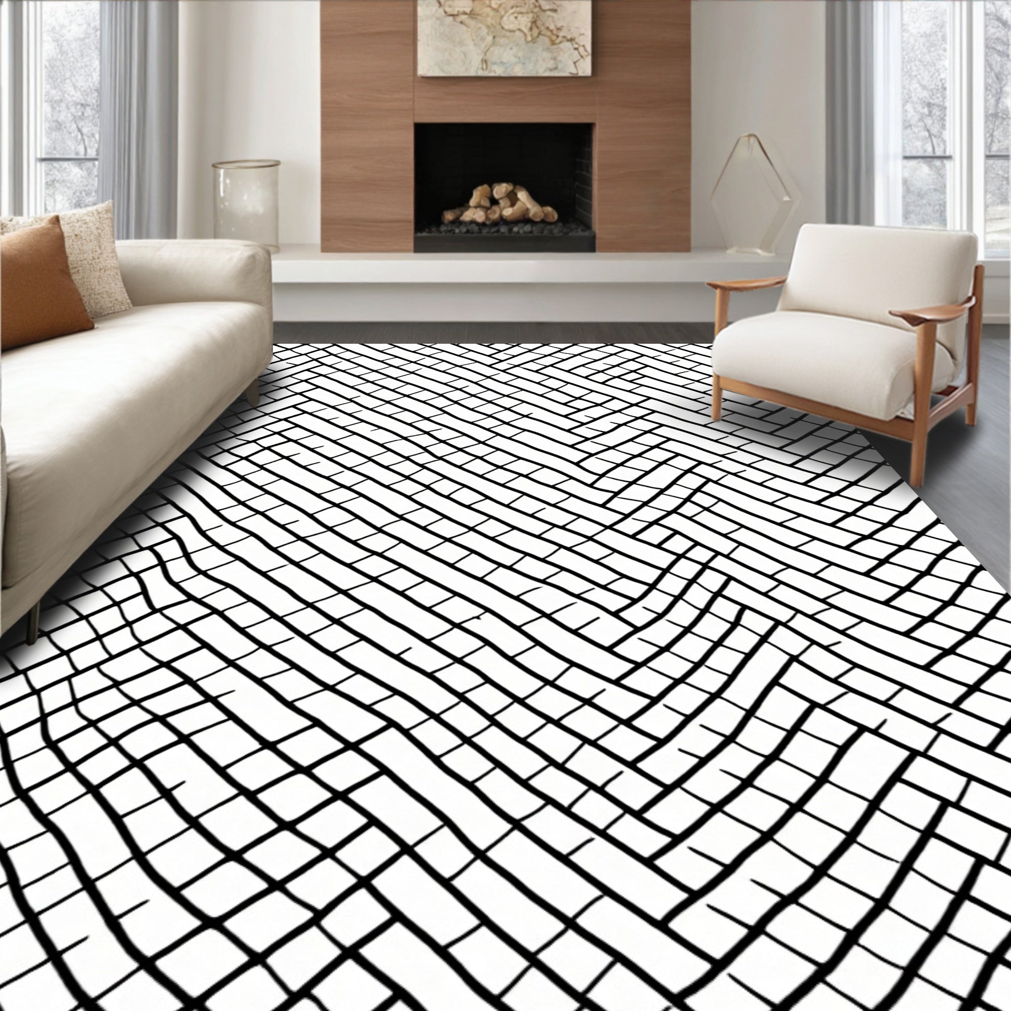 Wavy Black Herringbone Geometric Weave Rug