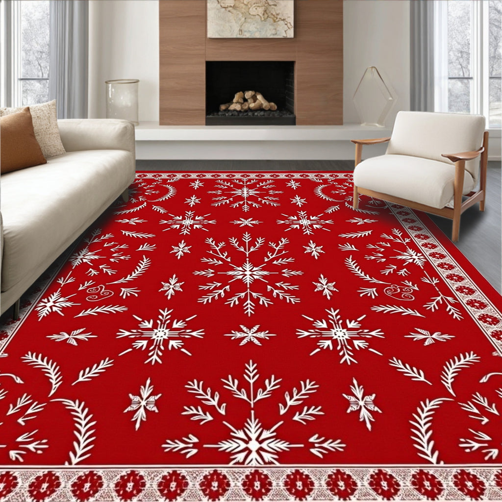 Vibrant Red Snowflake Winter Rug