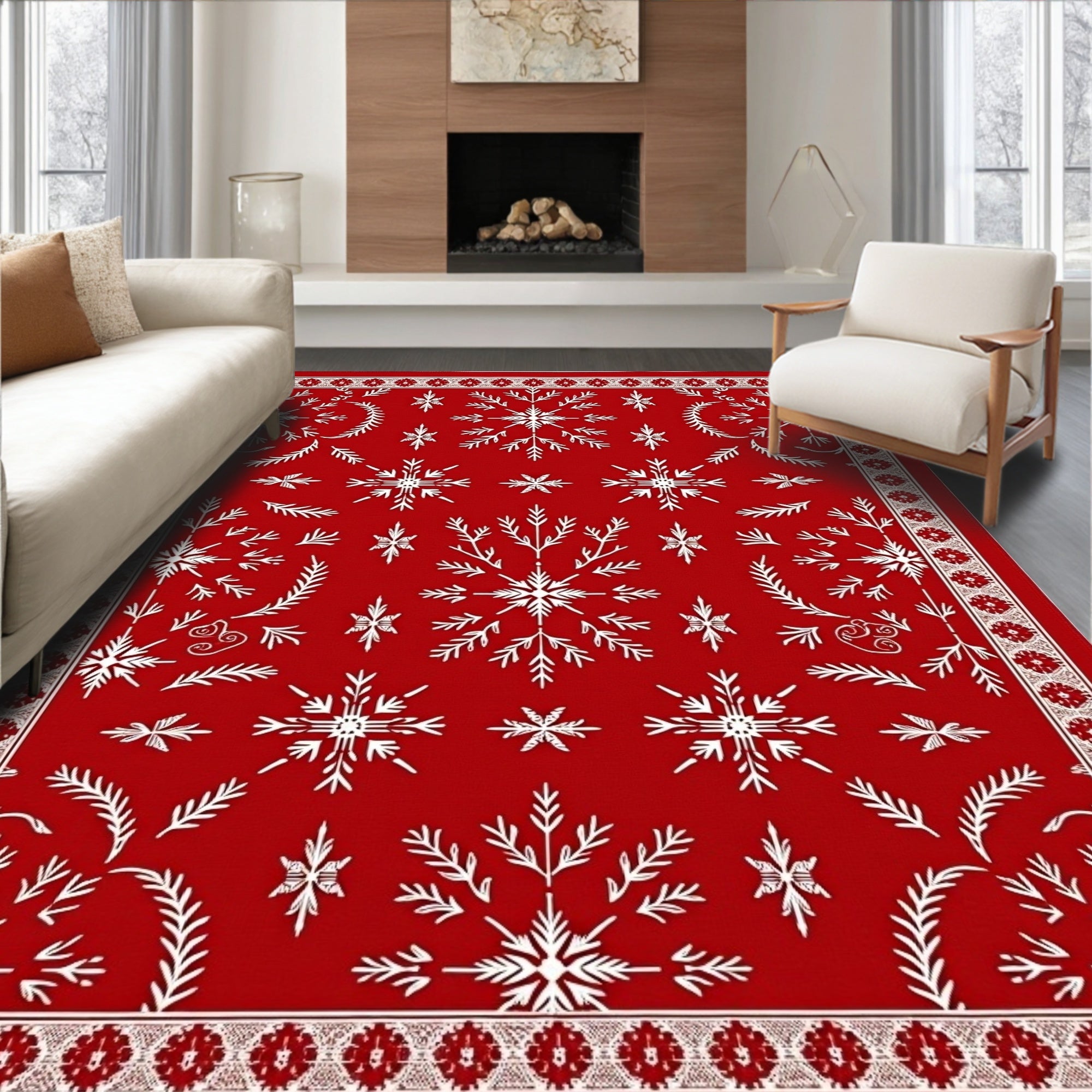 Vibrant Red Snowflake Winter Rug