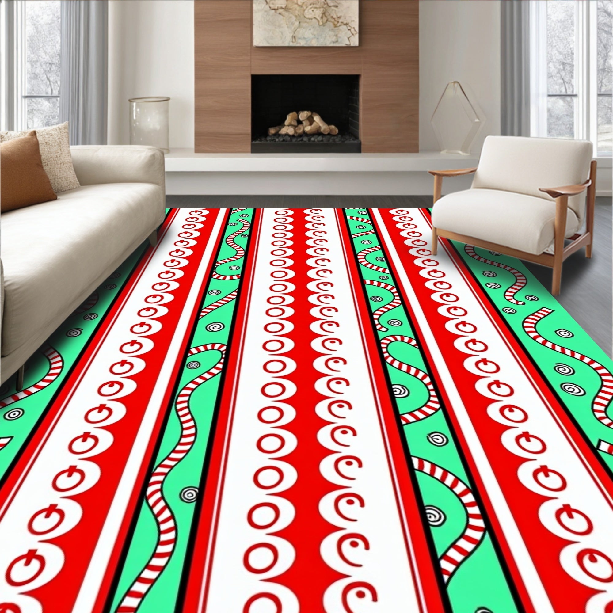 Striped Aqua Red Geometric Garland Rug