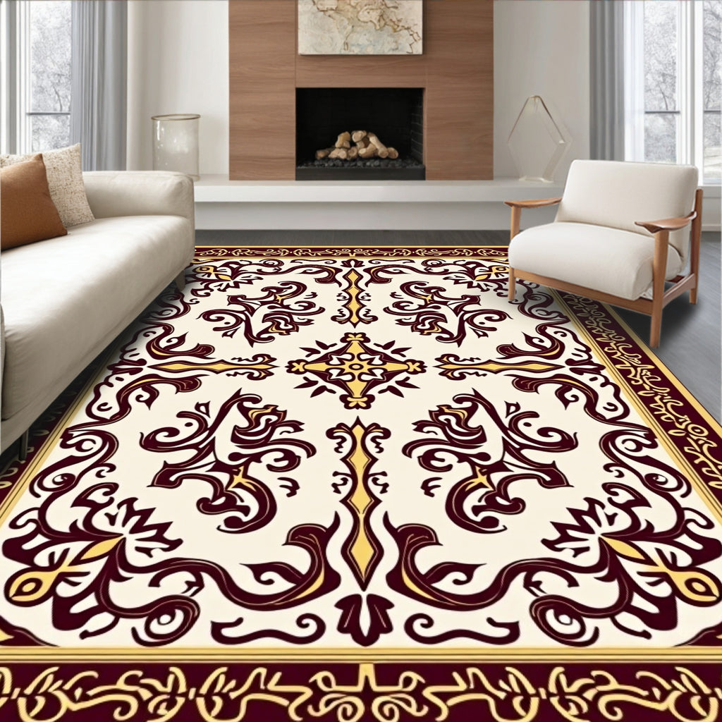 Regal Burgundy Gold Scrollwork Medallion Rug
