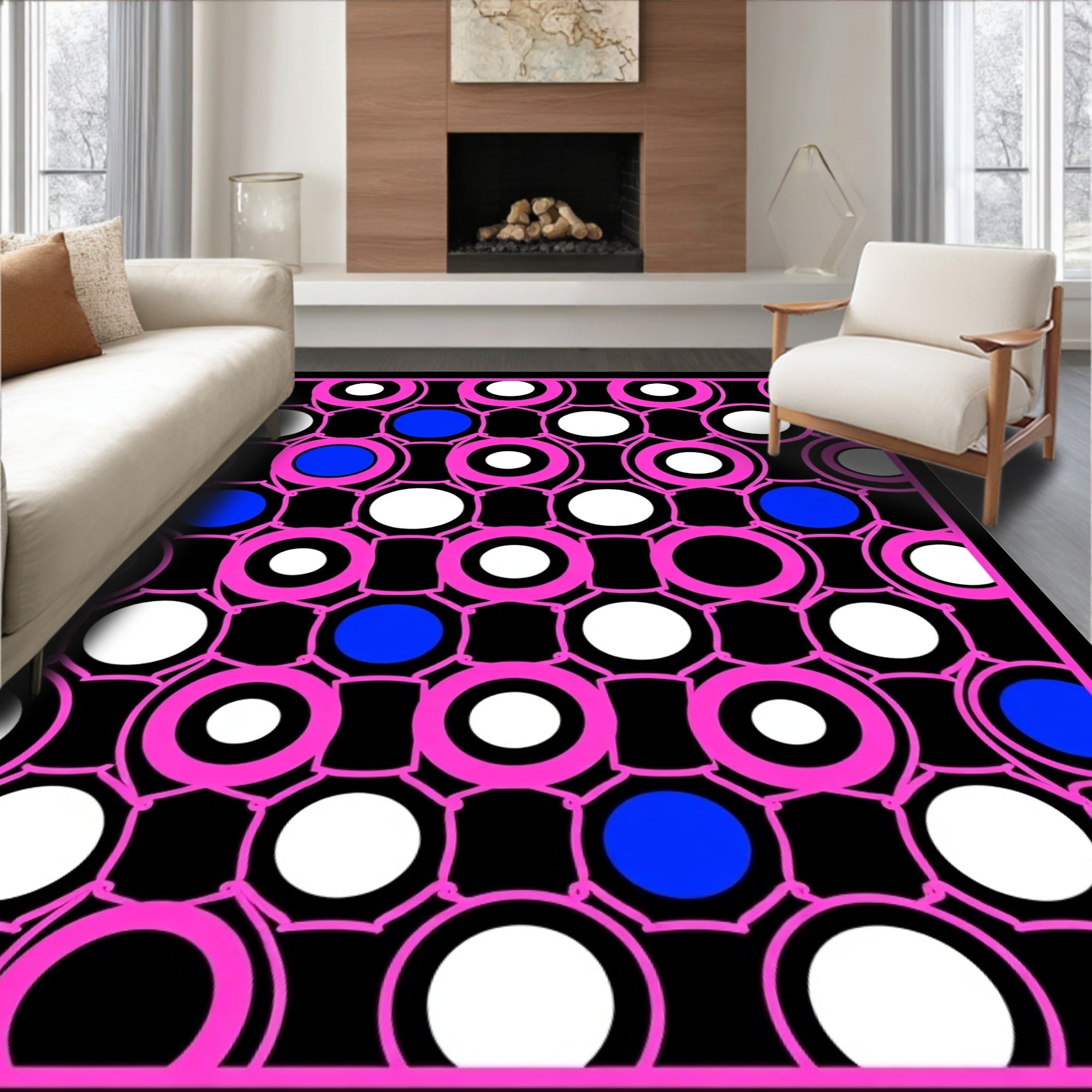 Pink White Blue Circular Chain Overlay Rug