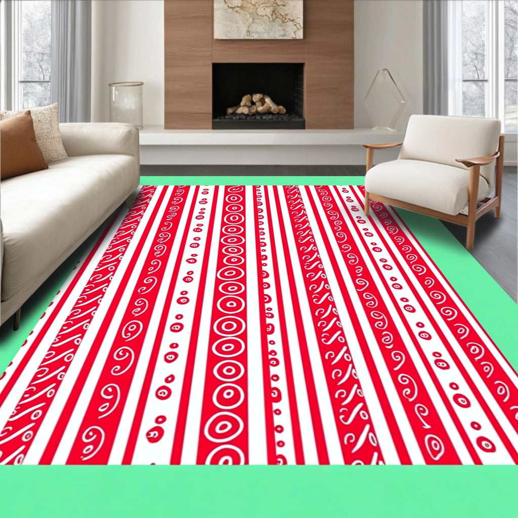 Red White Vertical Stripe Swirl Rug