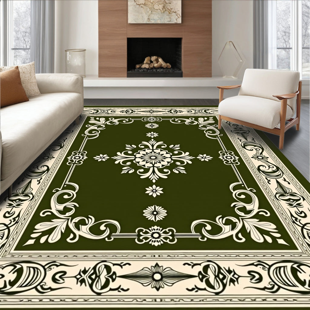 Deep Green Floral Vine Medallion Rug