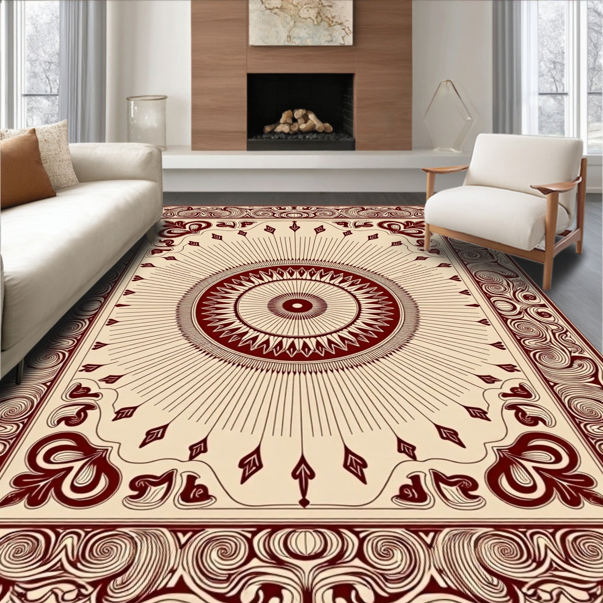 Maroon Sunburst Medallion Bordered Rug