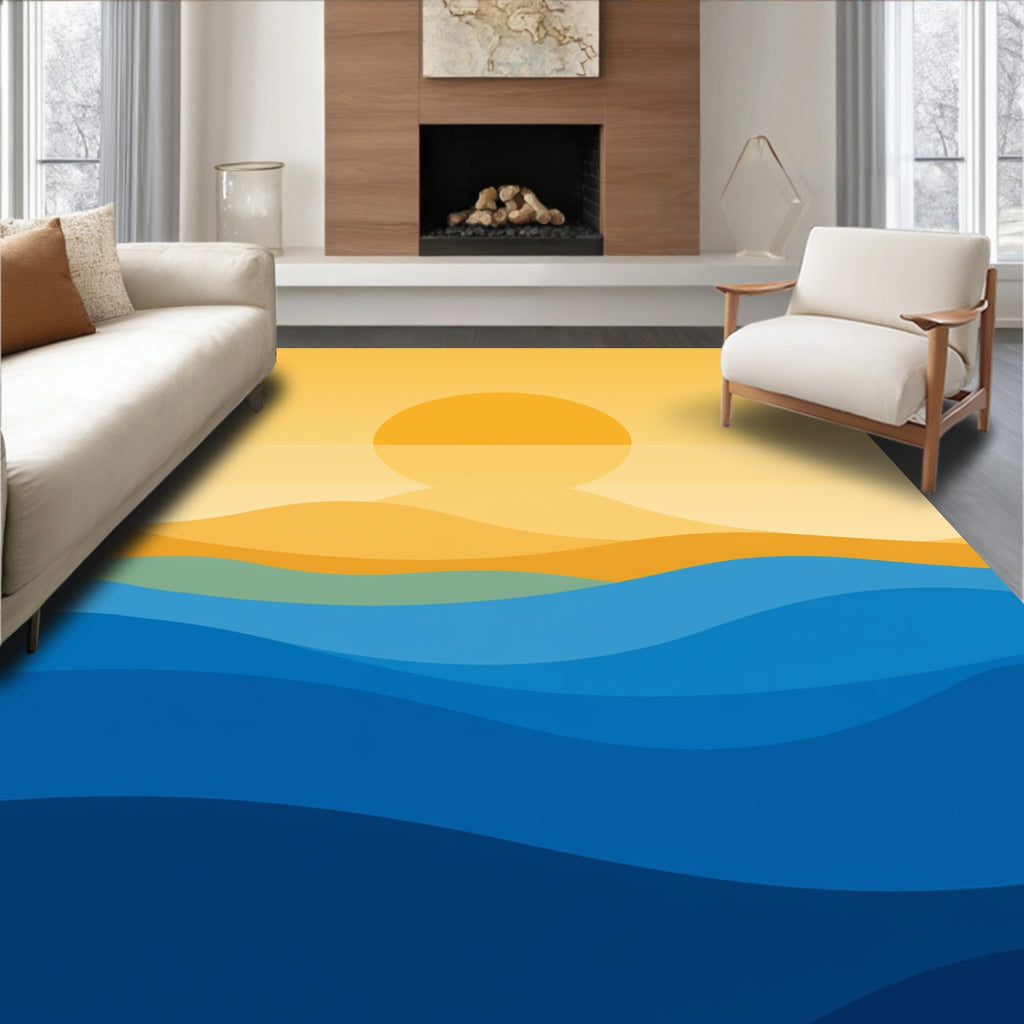 Golden Sun with Blue Ocean Waves Rug