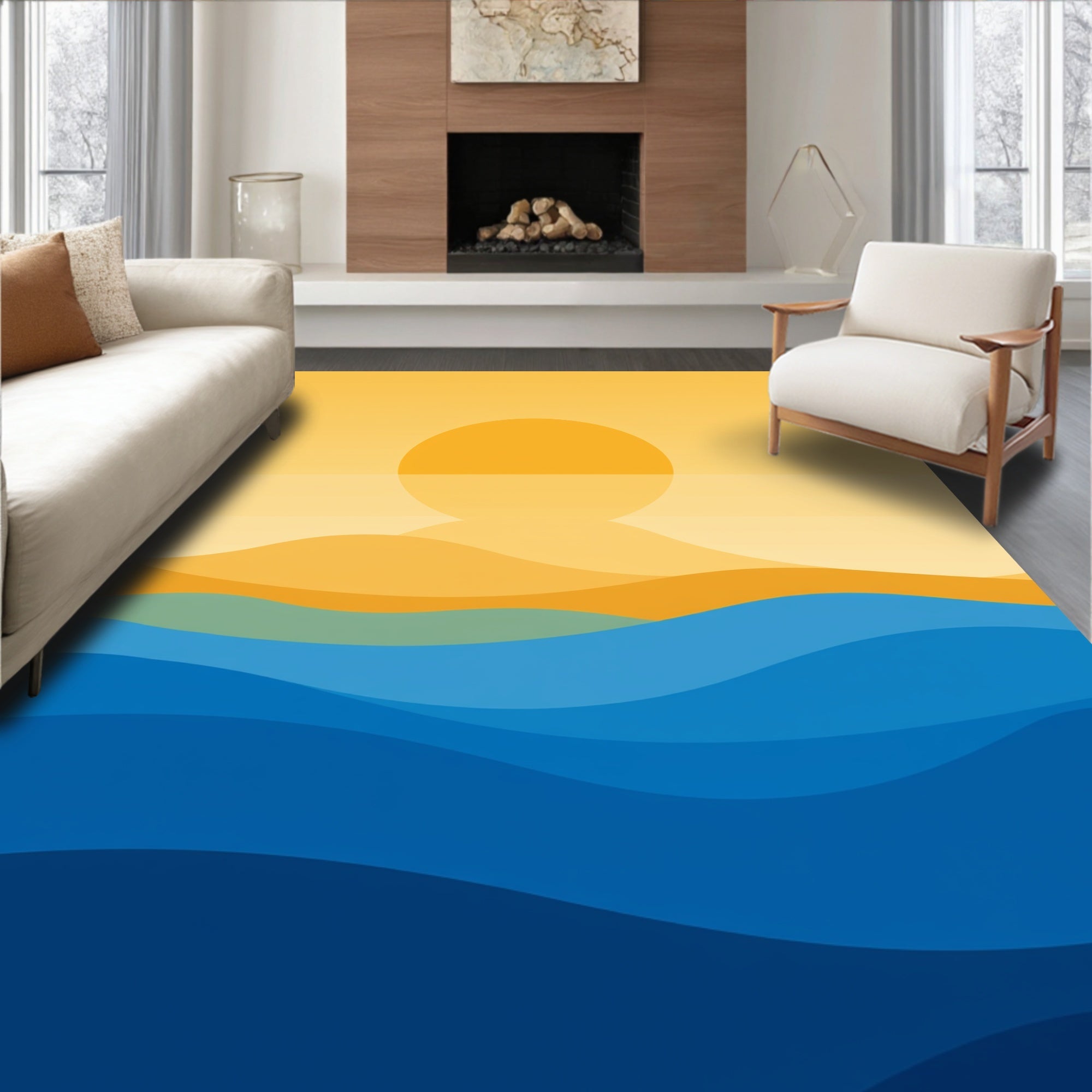 Golden Sun with Blue Ocean Waves Rug