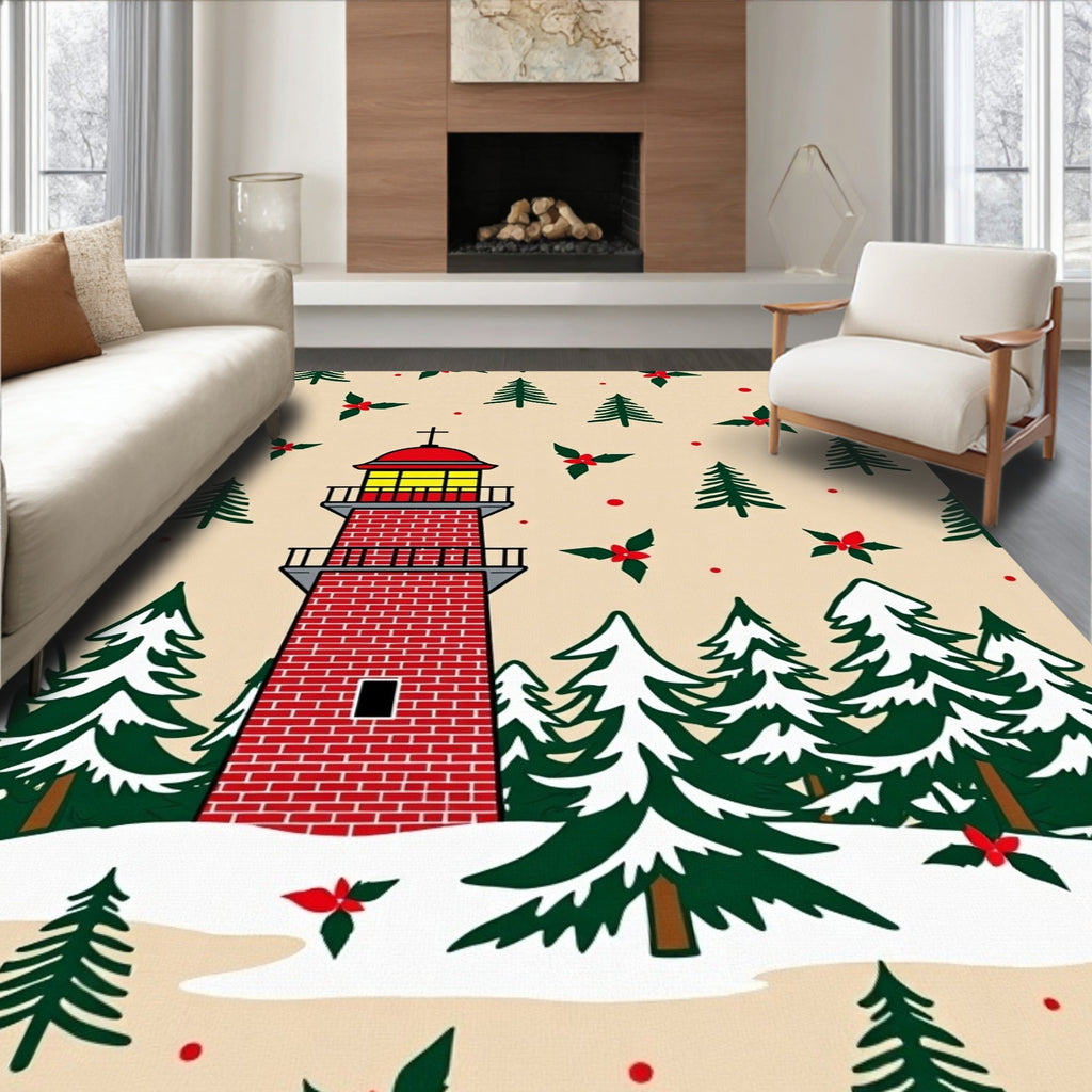 Festive Red Lighthouse Pine Snow Scene Rug