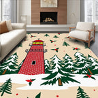 Festive Red Lighthouse Pine Snow Scene Rug