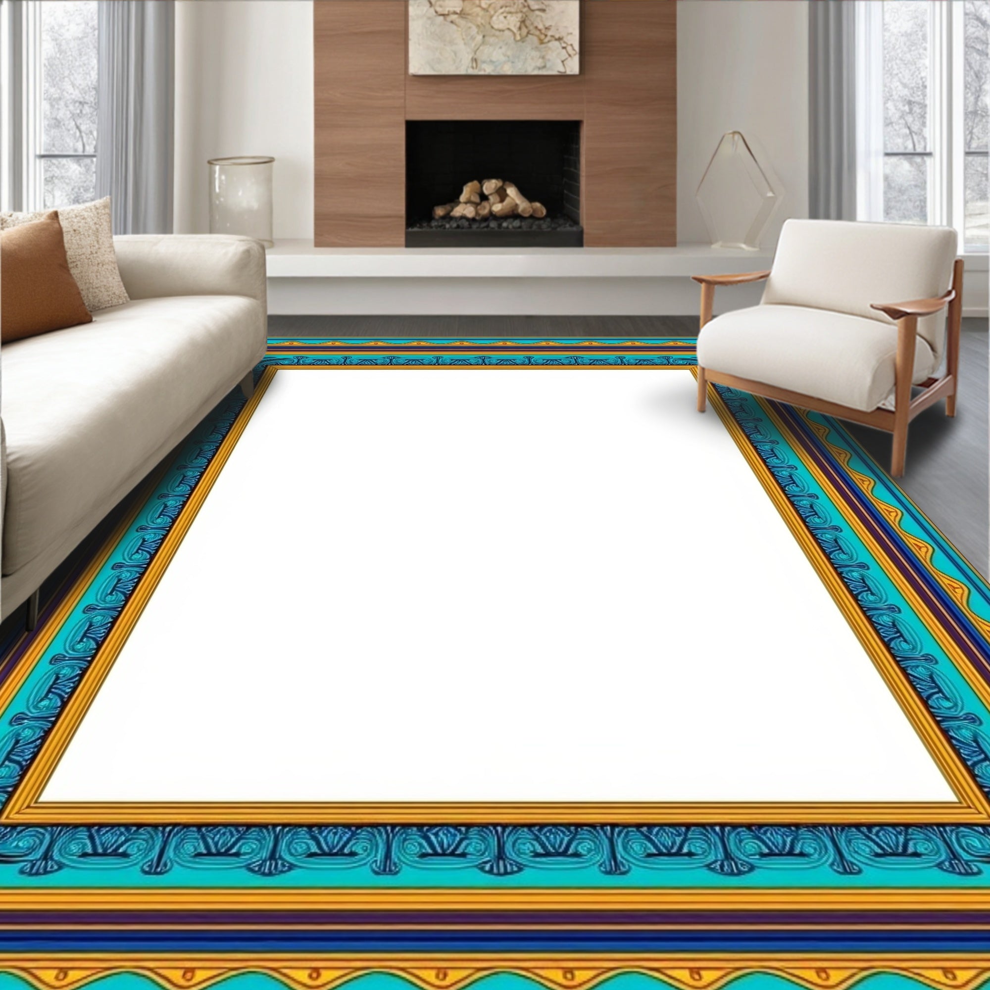 Turquoise Gold Blue Oceanic Border Rug