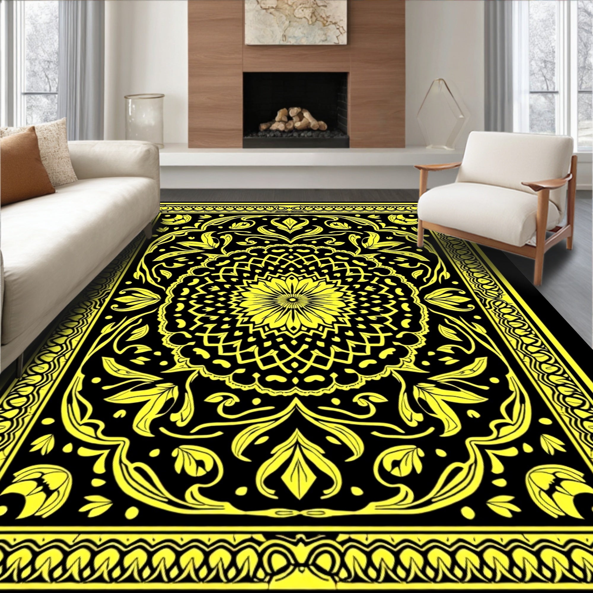Golden Floral Medallion Symmetry Rug