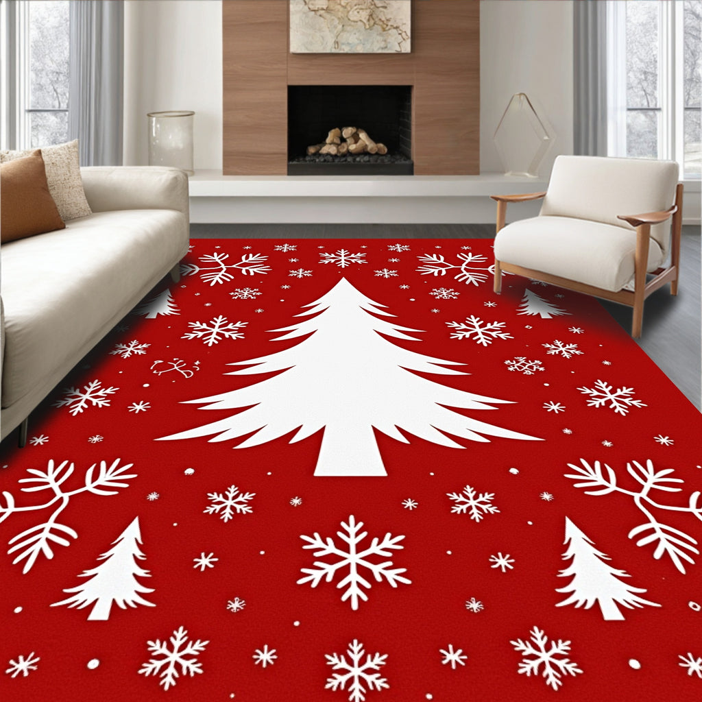 White Christmas Tree Snowflakes Red Rug