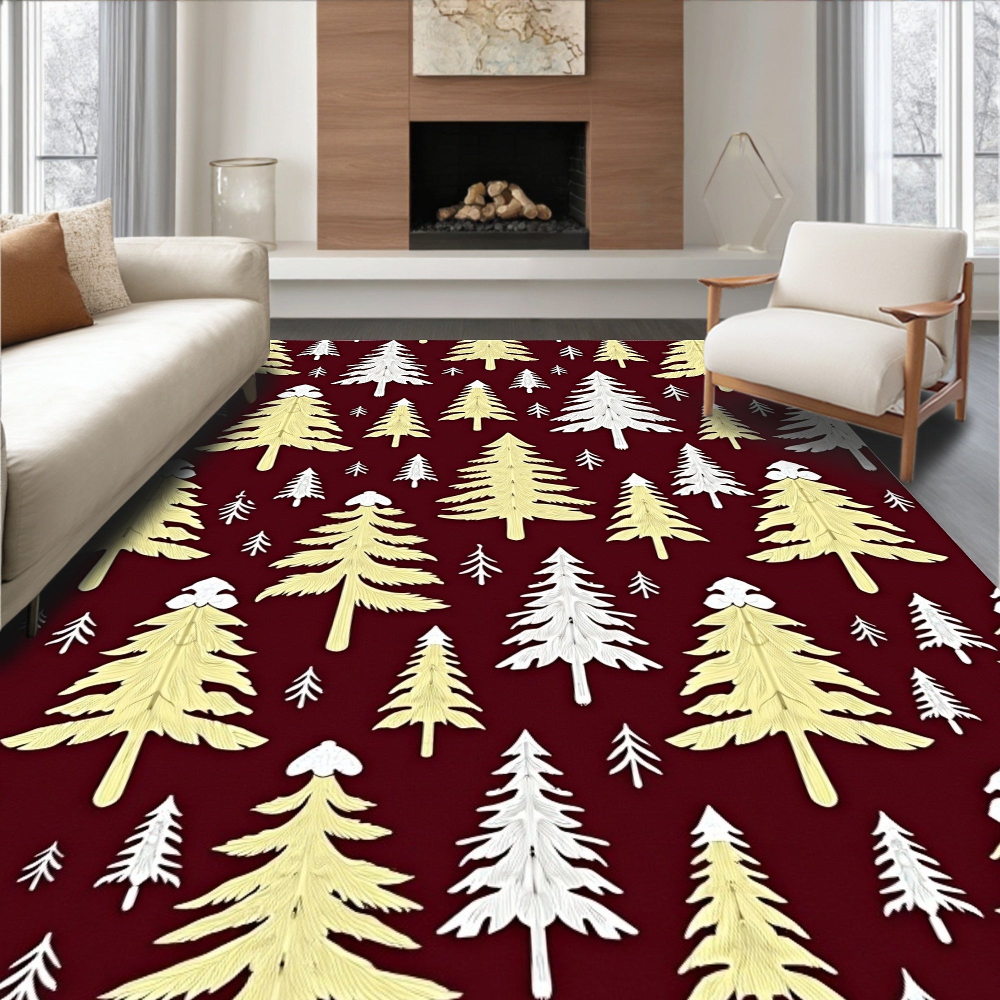 Golden Winter Woodland Tree Scene Rug