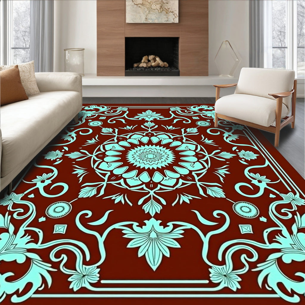 Crimson Aqua Floral Medallion Scroll Rug