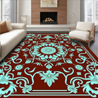 Crimson Aqua Floral Medallion Scroll Rug