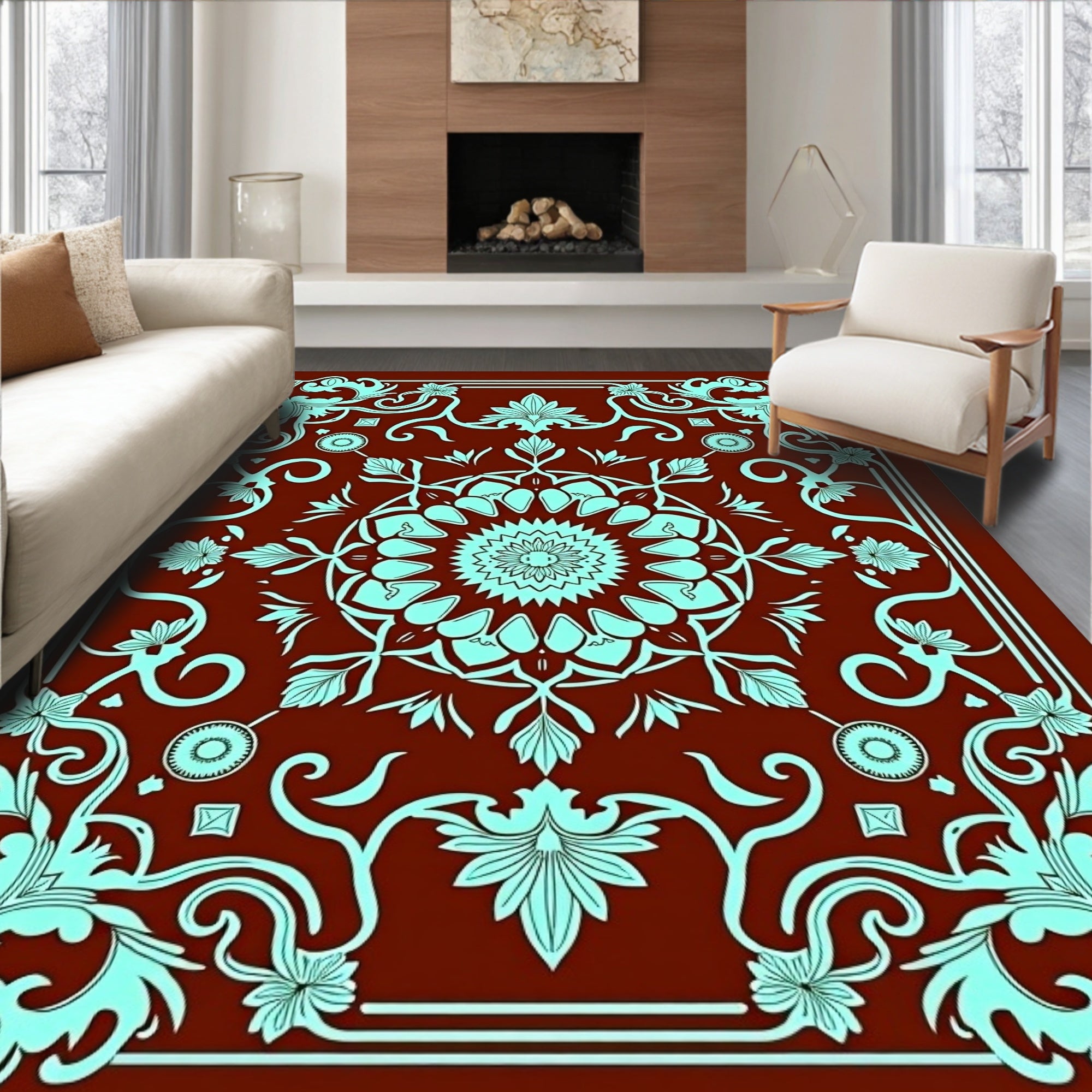 Crimson Aqua Floral Medallion Scroll Rug