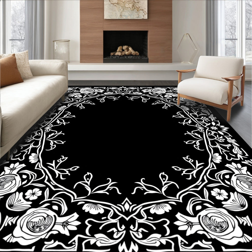 Vintage White Rose Floral Border Rug