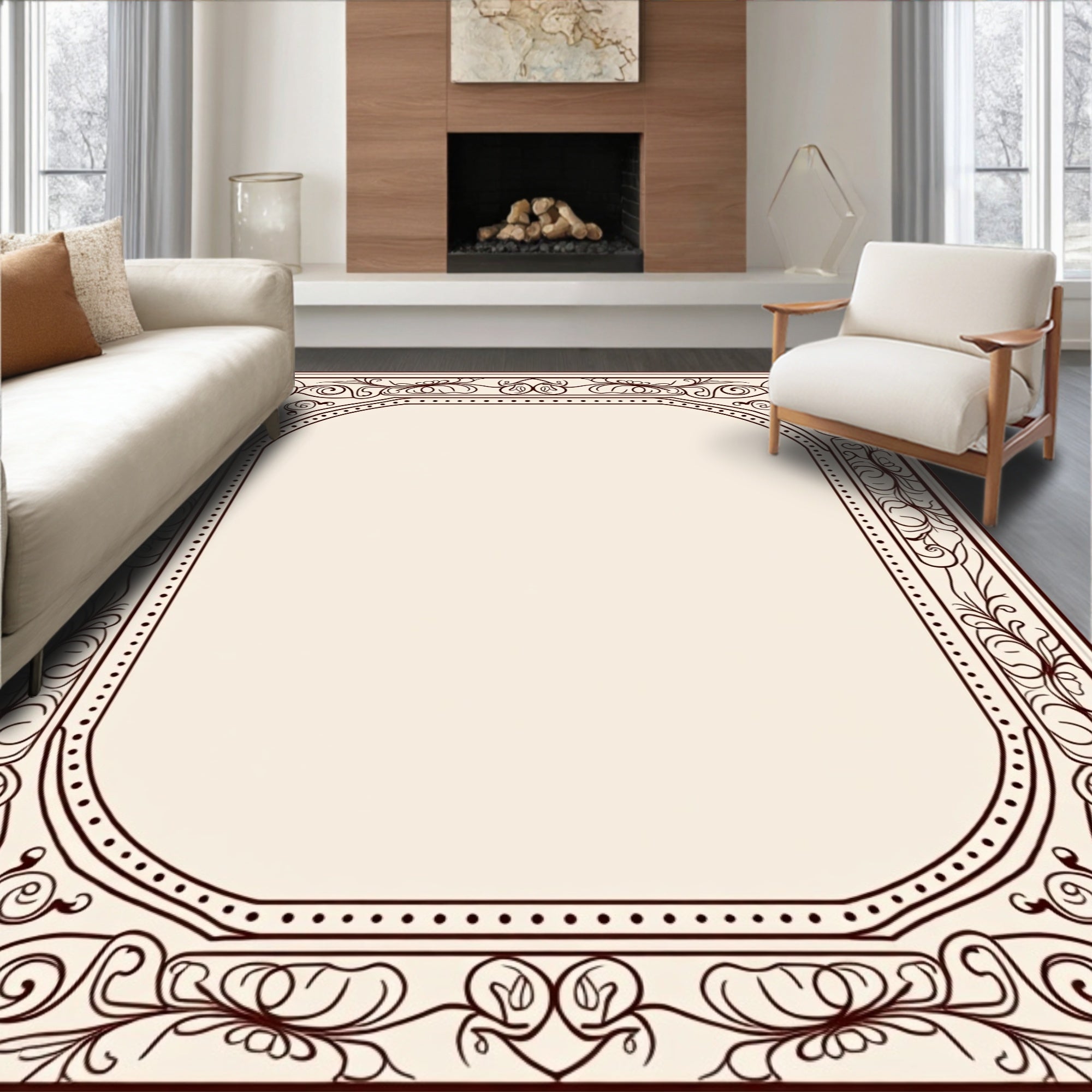 Ornate Dark Brown Floral Border Rug
