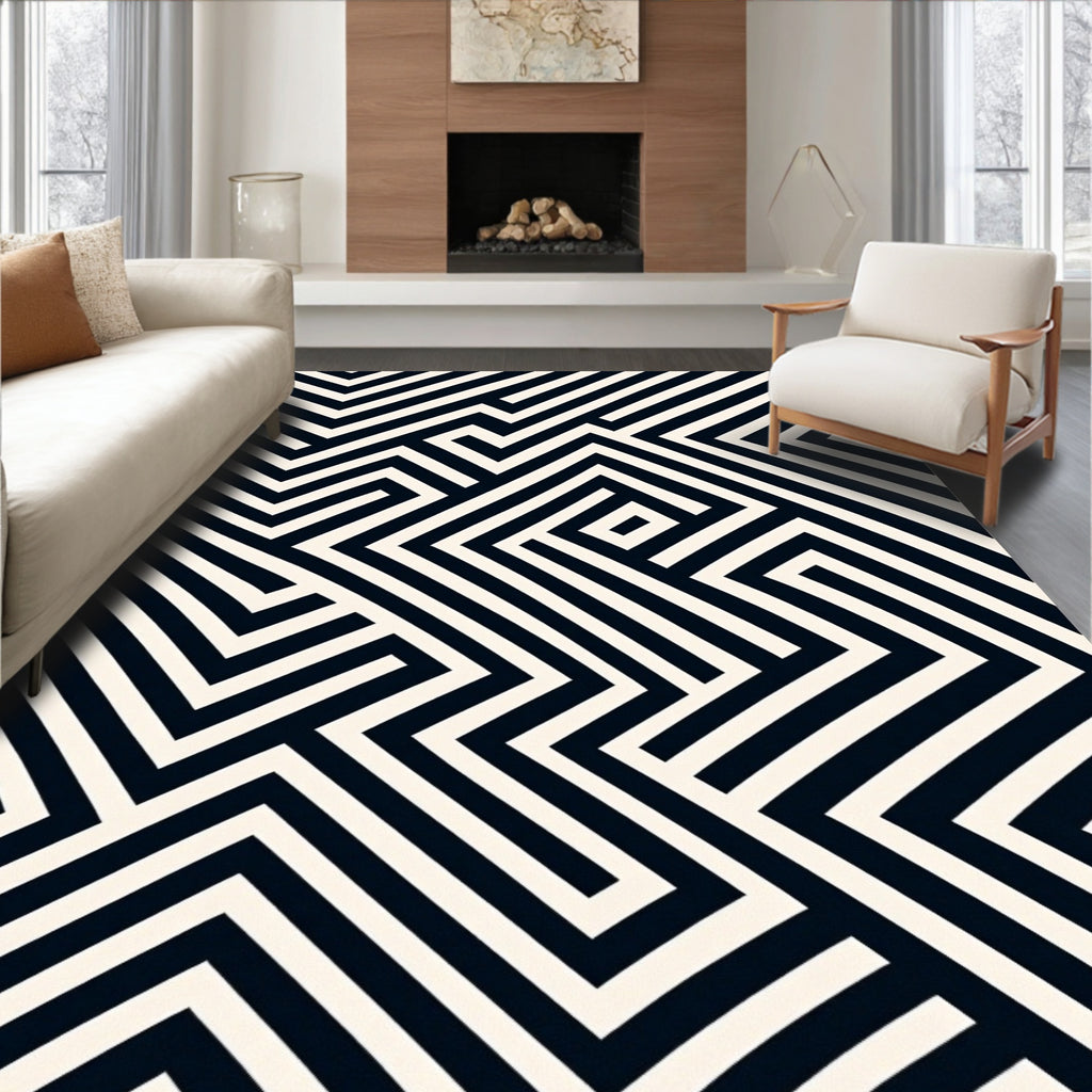 Black White Geometric Maze Rug