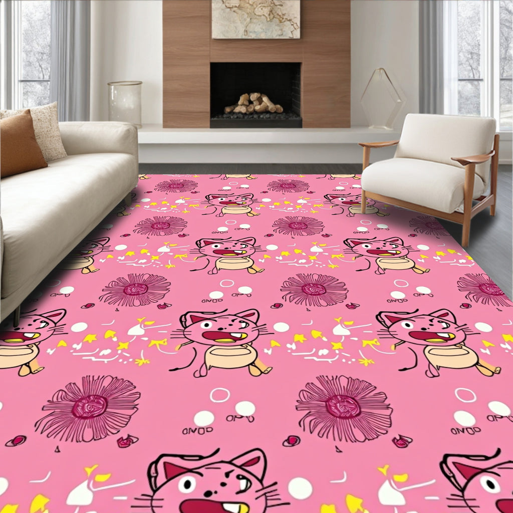 Pink Cartoon Cat Floral Whimsical Rug
