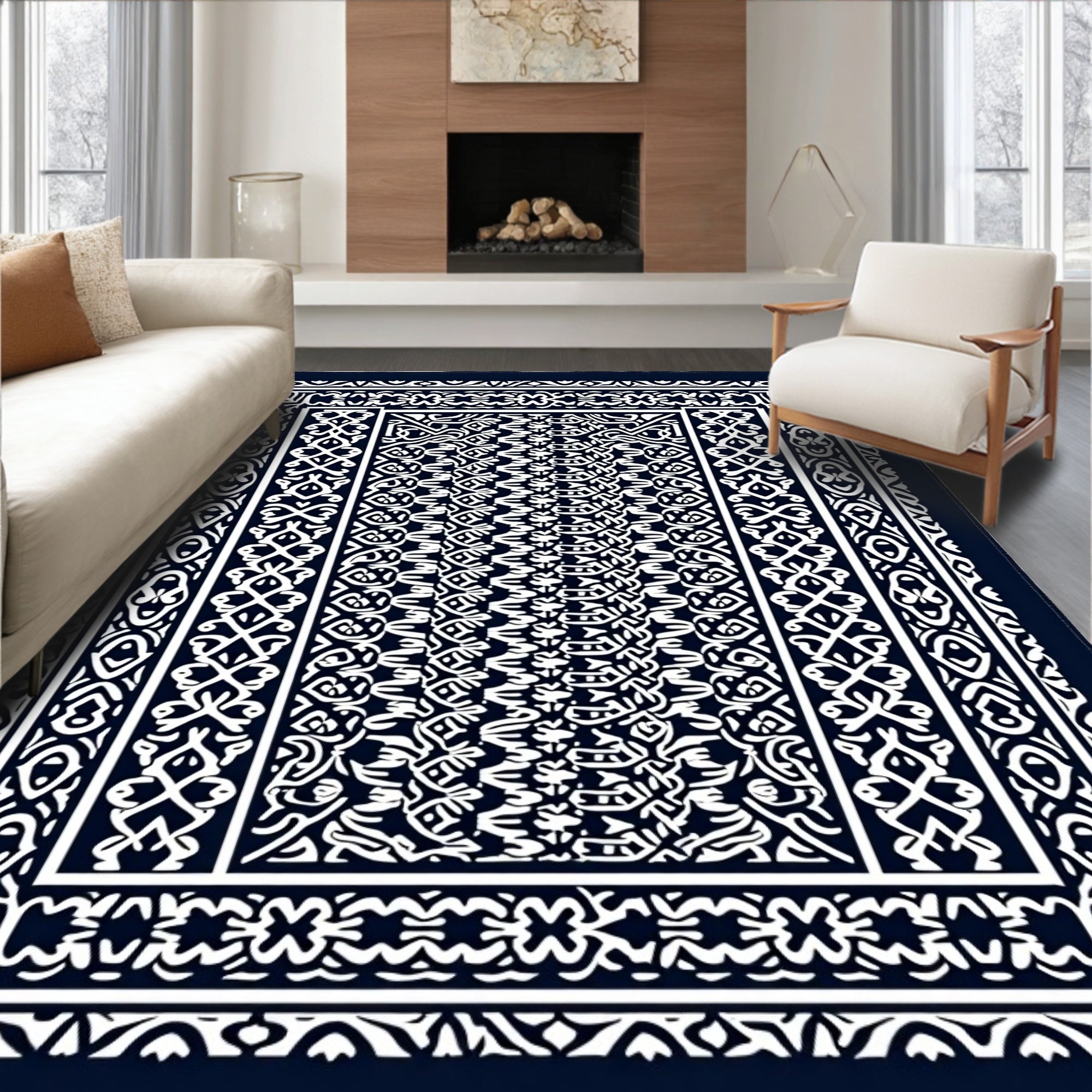 Deep Blue Intricate Ornamental Border Rug