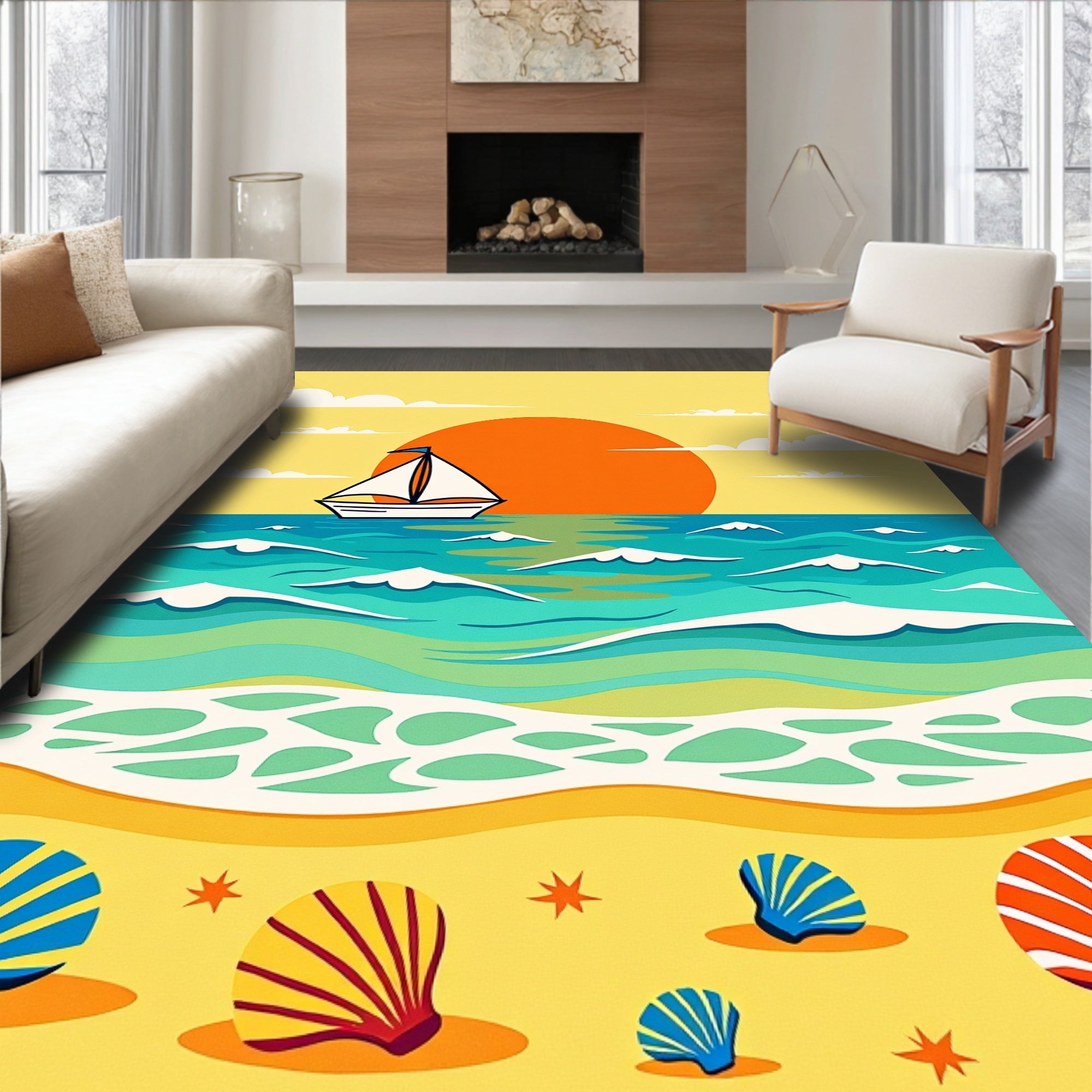 Coastal Sailboat Sunset Seaside Shells Rug