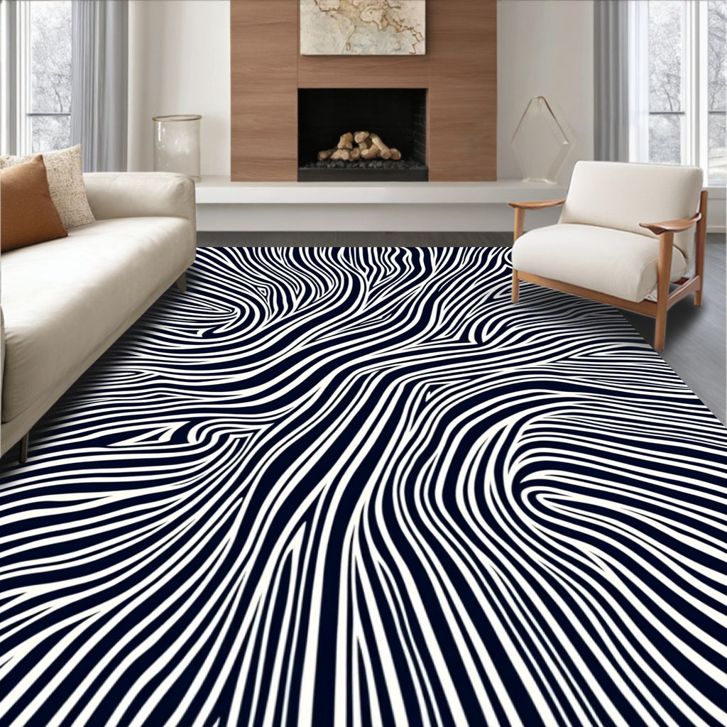 Bold Black and White Swirling Lines Rug