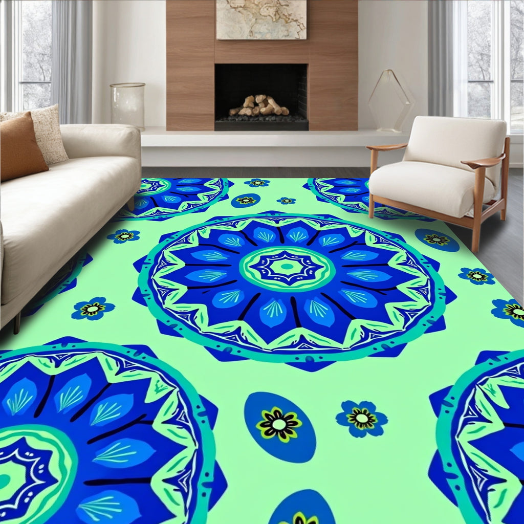 Radiant Blue Floral Mandala Accents Rug