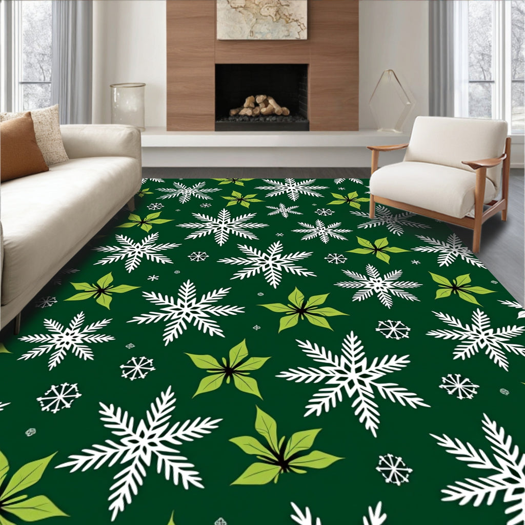 White Snowflake Green Poinsettia Christmas Rug