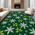 White Snowflake Green Poinsettia Christmas Rug