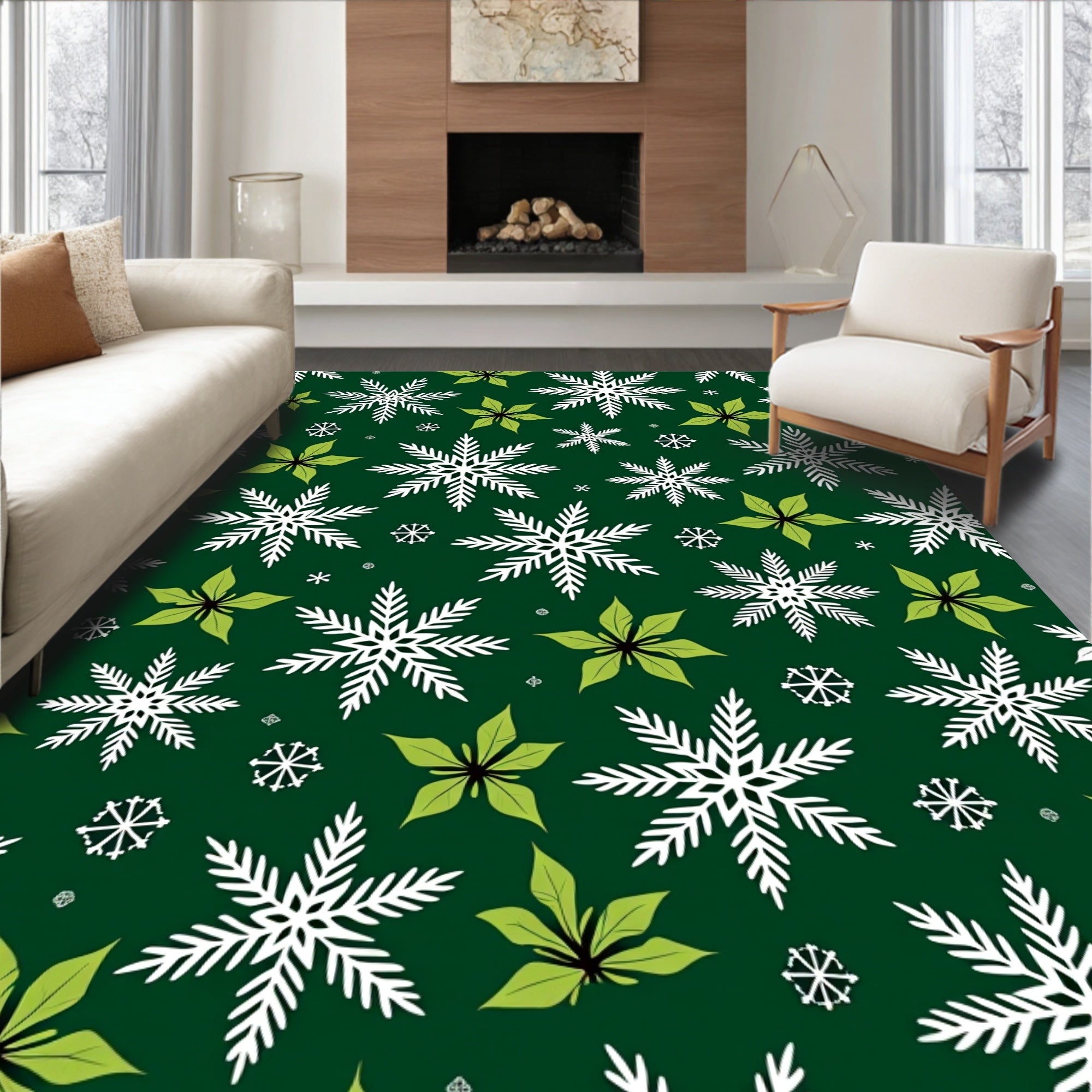 White Snowflake Green Poinsettia Christmas Rug