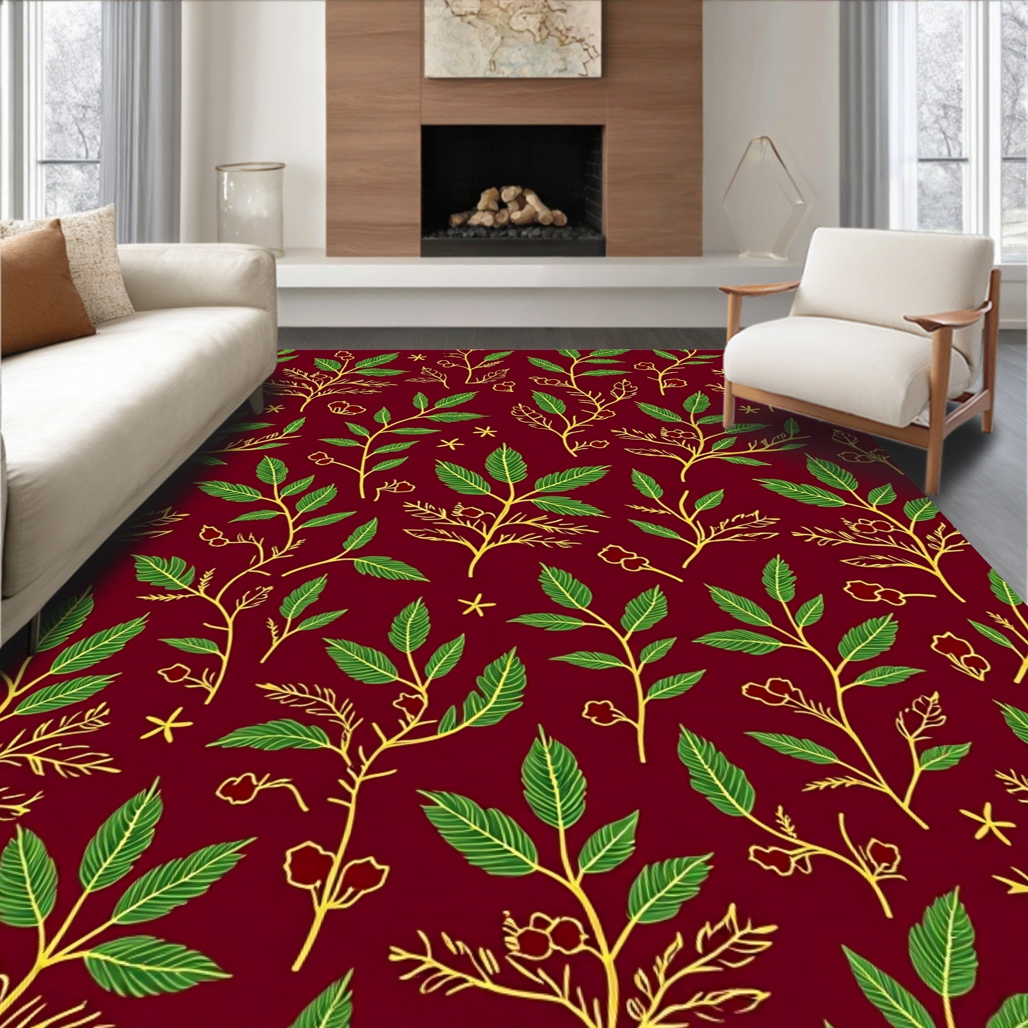 Crimson Leafy Branch Garden Rug