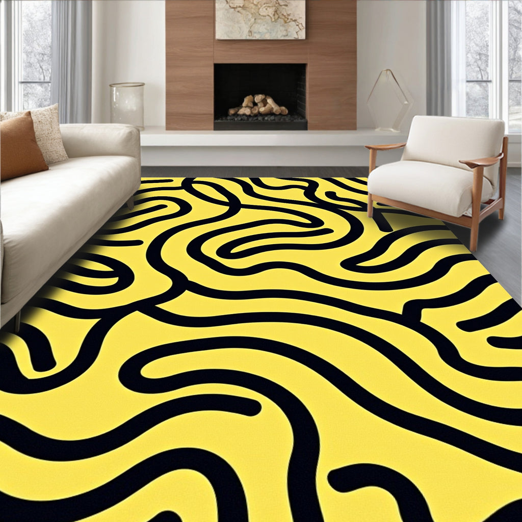Abstract Yellow Black Wavy Lines Rug