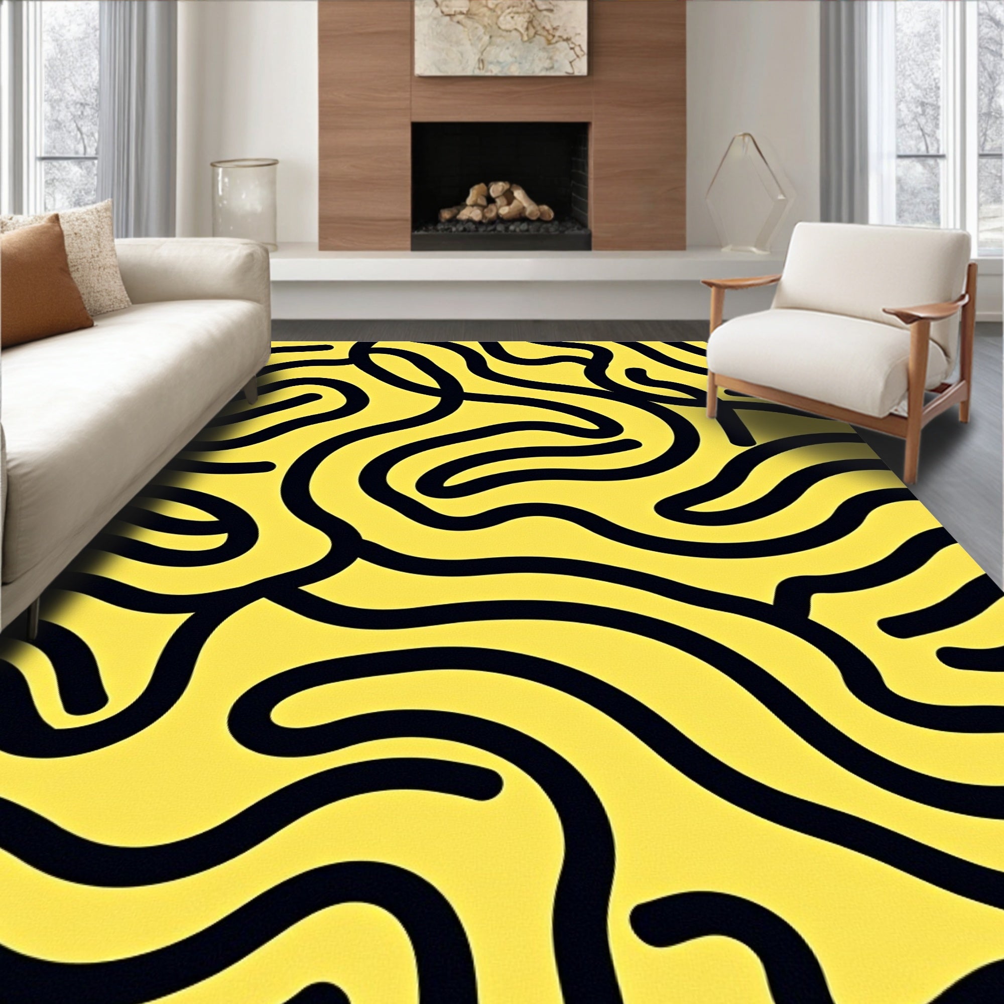 Abstract Yellow Black Wavy Lines Rug