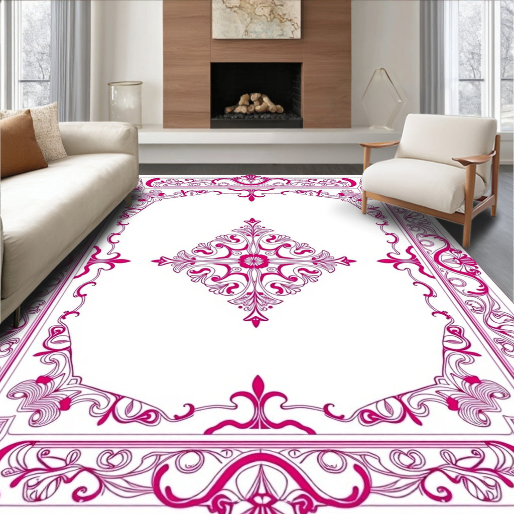 Ornate Magenta Floral Medallion Border Rug