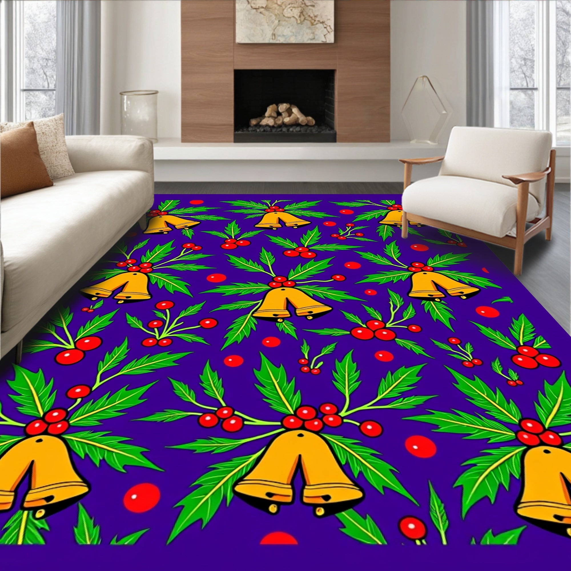 Golden Cherub Bells Holly Berries Rug
