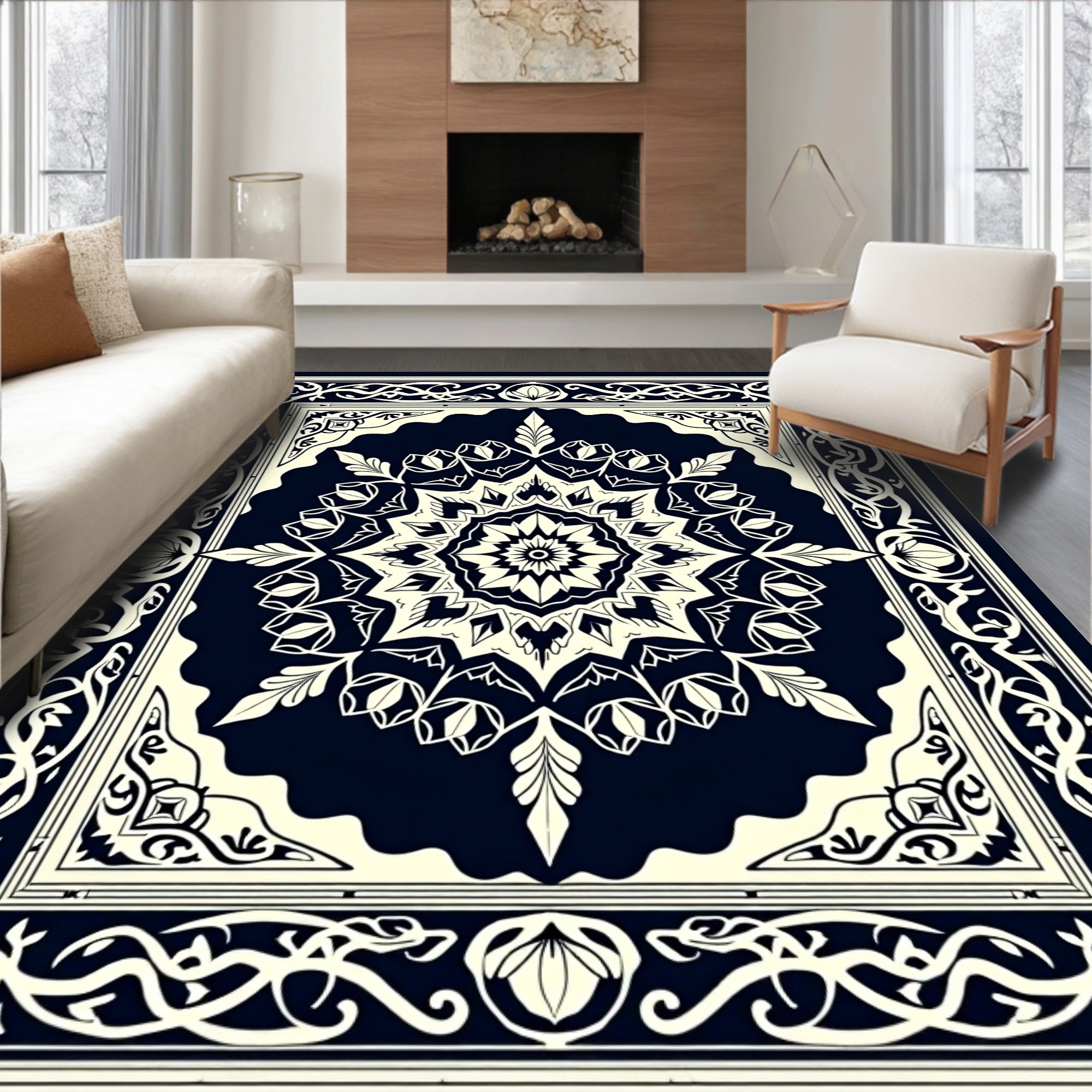 Dark Blue Floral Medallion Manor Rug
