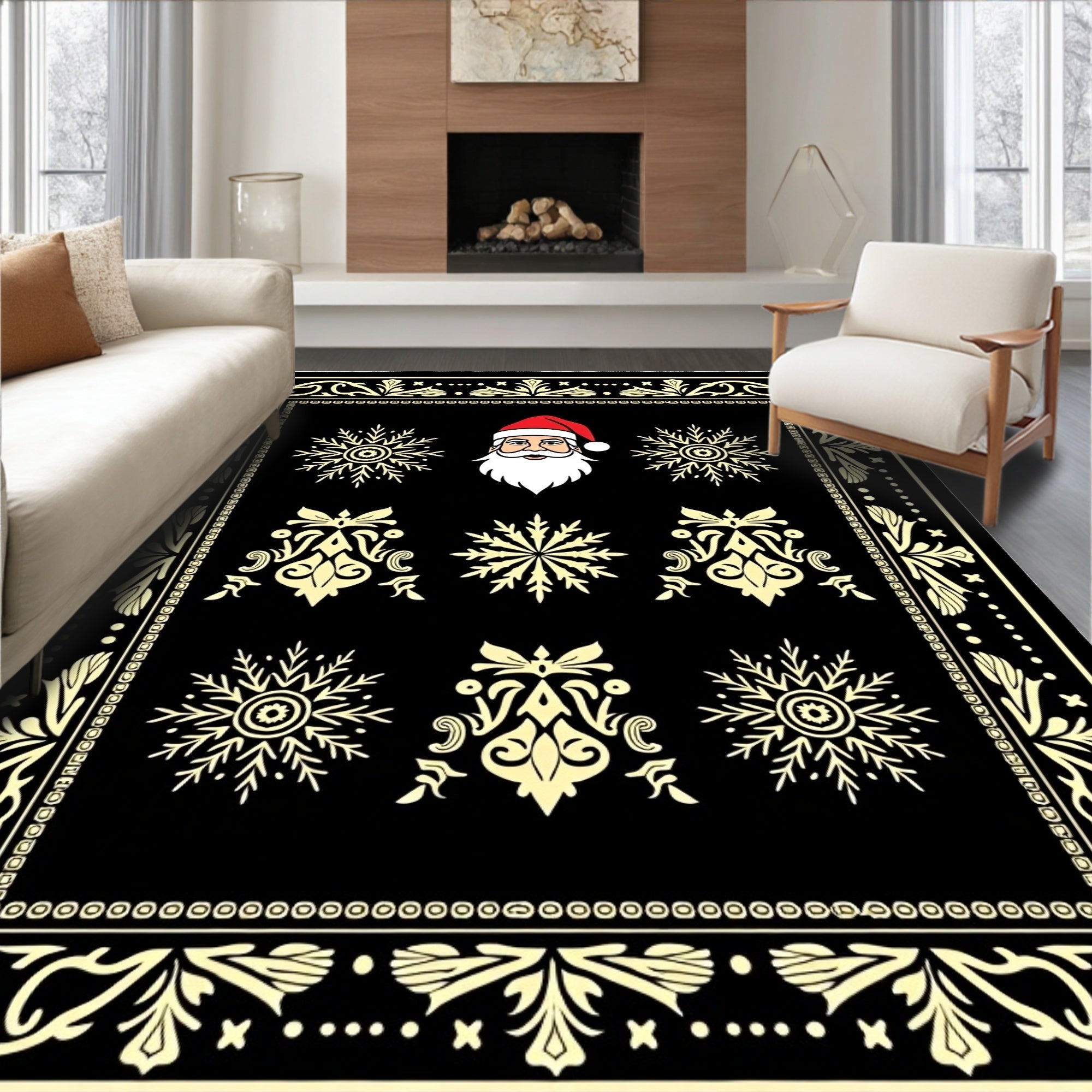 Black Cream Festive Santa Snowflakes Border Rug